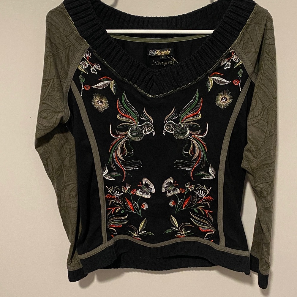 Vintage Fairy Black Blouse with Colorful Embroidery